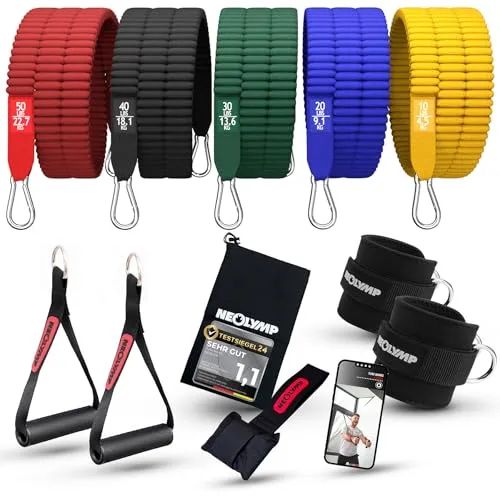 NEOLYMP Premium Resistance Bands Set mit E-Book - Heimtrainingssysteme für individuelles Training – 5 Widerstandsbänder mit bis zu 68 kg Gesamtwiderstand, ideal für Anfänger bis Profis. Inklusive E-Book für optimale Ergebnisse.