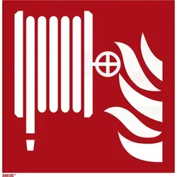 Brandschutzzeichen Löschschlauch, Typ: 11150 - Sonstige Werkzeuge - langnachleuchtendes Aluminium-Schild mit 150 mm Kantenlänge, ideal für Sicherheitshinweise in Unternehmen.
