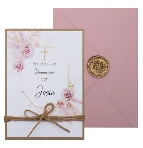 Einladungskarte mit Briefumschlag Rosa Blumen Personalisiert Kommunion Konfirmation Taufe Karte