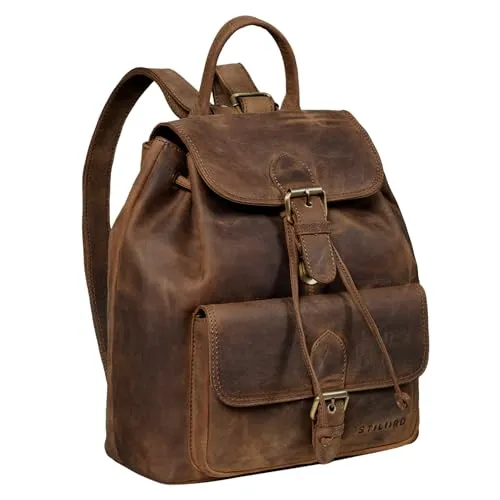 STILORD Damen-Rucksack 'Destiny' aus Leder - Vintage Cityrucksack 13 Zoll - Tagesrucksäcke mit elegantem Vintage-Design und hohem Tragekomfort. Aus robustem Echtleder bietet er Platz für DIN A4 und 13 Zoll Macbooks - ideal für Arbeit, Reisen und Shopping.