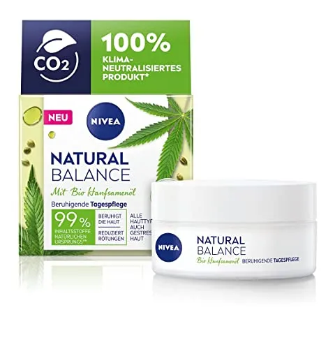 NIVEA Natural Balance Bio Hanfsamenöl Beruhigende Tagespflege (50 ml), Feuchtigkeitscreme mit Bio Hanfsamenöl, Jojoba- und Mandelöl, Gesichtscreme reduziert Rötungen