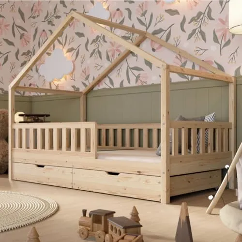 Crazy Pine Hausbett mit Schubladen 80x160 cm – Sicheres Montessori Kinderbett aus Naturholz - Kleinkindbett mit Rausfallschutz – Das Crazy House Bett bietet sicheren Schlaf und zusätzlichen Stauraum mit zwei großen Schubladen für Ordnung im Kinderzimmer.