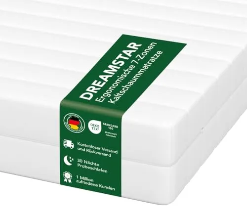 DREAMSTAR Simple Flex Duo I 7-Zonen Kaltschaummatratze 80 x 200 cm - Öko-Tex zertifizierte Rollmatratze mit zwei Härtegraden für optimalen Schlafkomfort, ideal für alle Schlaftypen. Atmungsaktiver Mikrofaserbezug sorgt für ein trockenes und angenehmes Schlafgefühl.