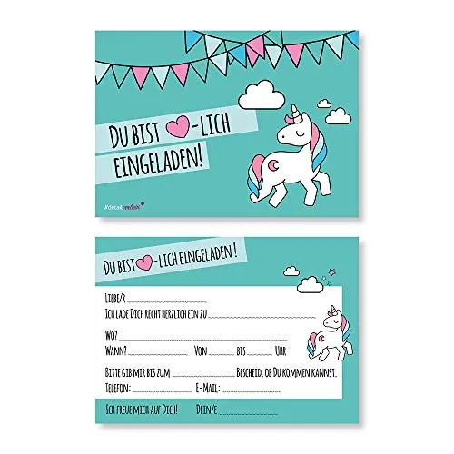 easydruck24de 15 Einladungen - Einhorn - zum Ausfüllen I DIN A6 I Einladungskarten Kinder-Geburtstag Einschulung Motto-Party Taufe türkis I dv541