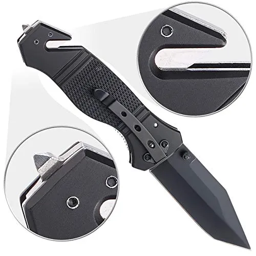 Semptec Urban Survival Technology Messer mit Gurtschneider: Scharfes Edelstahl-Klappmesser, Alu-Griff, Gurtschneider & Glasbrecher (Messer mit Glasbrecher, Outdoor Messer, Selbstverteidigung)