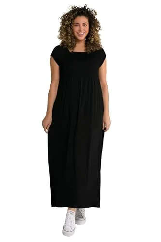Ulla Popken Plus Size Smokkleid A-Linie schwarz - Freizeitkleider für Damen mit Carree-Ausschnitt und Halbarm, ideal für einen eleganten Look in großen Größen.