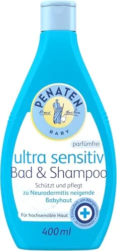 Penaten Ultra Sensitiv Bad & Shampoo 400ml - Mildes Baby Bad & Shampoo für hochsensible Haut – ideal für die sanfte Pflege von Neugeborenen, ohne Parfüm & Farbstoffe. Perfekt für die Baby Erstausstattung!