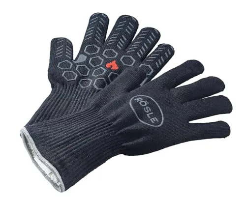 RÖSLE Premium Grillhandschuhe BBQ - Hitzebeständige Grillhandschuhe aus flammhemmendem Aramid mit rutschfesten Silikon-Applikationen für sicheren Halt beim Grillen.
