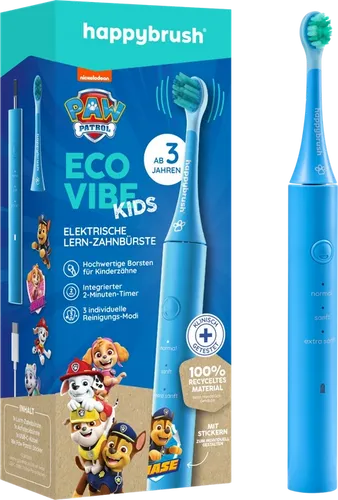 happybrush Eco VIBE Kids Elektrische Zahnbürste - Elektrische Zahnbürste für Kinder ab 3 Jahren, aus 100% recyceltem Material, mit 4 Wochen Akkulaufzeit und 3 Reinigungs-Modi für sanfte, effektive Zahnpflege.
