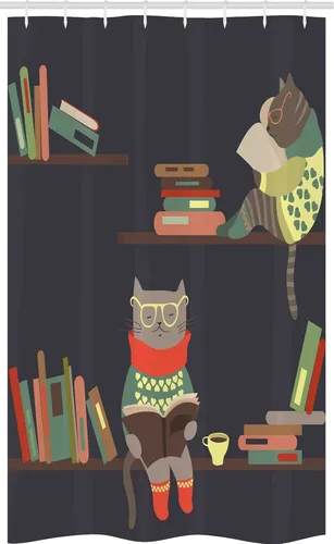 Schmaller Duschvorhang Lustige Bücherregal Lesende Katze, 120cm x 180cm