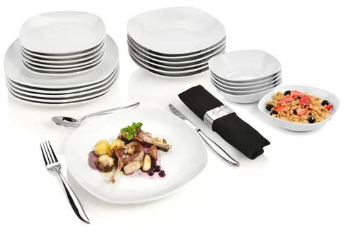 SÄNGER | Tafelservice Bilgola weiß, 24-teiliges Geschirrset aus Porzellan für 6 Personen, Teller Set Eckig, Speiseteller | PREMIUM COLLECTION