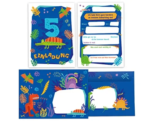 Junapack 12 Einladungskarten incl. 12 Umschläge zum 5. Kindergeburtstag fünfte Geburtstag Jungen Dinosaurier Dino Geburtstagseinladungen