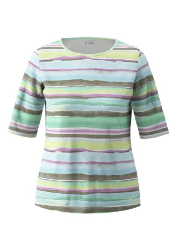 Damen Rundhalsshirt mit grafischem Streifen-Muster, Gr. 46, Thymian - Stylisches T-Shirt von Rabe mit halblangen Ärmeln und hüftbedeckendem Schnitt. Der dehnbare Jersey sorgt für hohen Tragekomfort und der coole Allover-Druck macht es zum Blickfang.