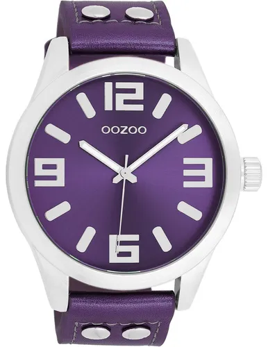 Oozoo Armbanduhr UOC1080A – Lila Leder Damen Analog-Quarzuhr - Armbanduhren mit stylish lila Lederarmband und großem 46mm Gehäuse. Diese Oozoo Timepieces Uhr kombiniert Fashion mit präzisem Quarzwerk und ist spritzwassergeschützt.