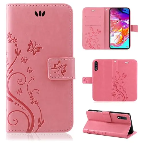 Hülle Kompatibel mit Samsung Galaxy A20e SM-A202 | Premium PU Leder Handyhülle Wallet Case | Schutzhülle Blumen Klapphülle Handyhülle | Rosa