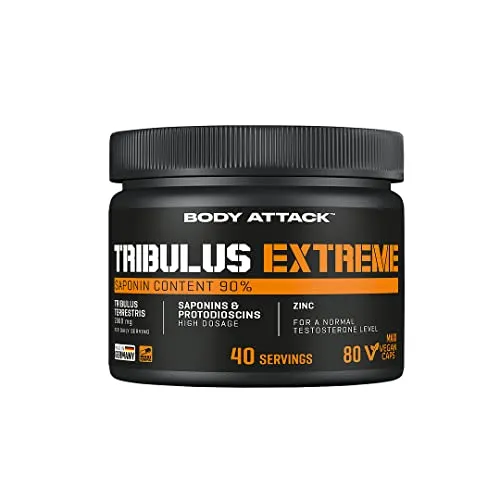 Body Attack Tribulus Extreme, 80 Kapseln, 1er Pack (1 x 94 g) - Hochdosierte Kapseln mit Tribulus Terrestris-Extrakt, ideal zur Unterstützung der Leistungsfähigkeit. Enthält Zink für einen normalen Testosteronspiegel. Perfekt für Sportler und Fitnessbegeisterte.
