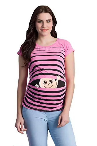 Winke Winke Baby - Lustige witzige süße Umstandsmode gestreiftes Umstandsshirt mit Motiv für die Schwangerschaft Schwangerschaftsshirt, Kurzarm (Rosa, Medium)