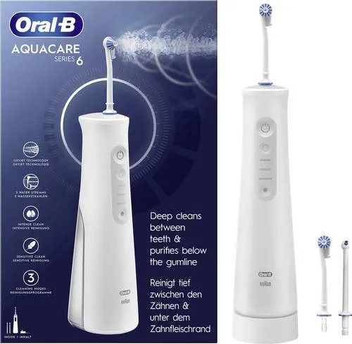 Oral-B AquaCare 6 Munddusche JAS22 Weiß - Sanfter Wasserstrahl, 3 anpassbare Intensitäten für empfindliche Zähne und flexibler Einsatz ohne Kabel