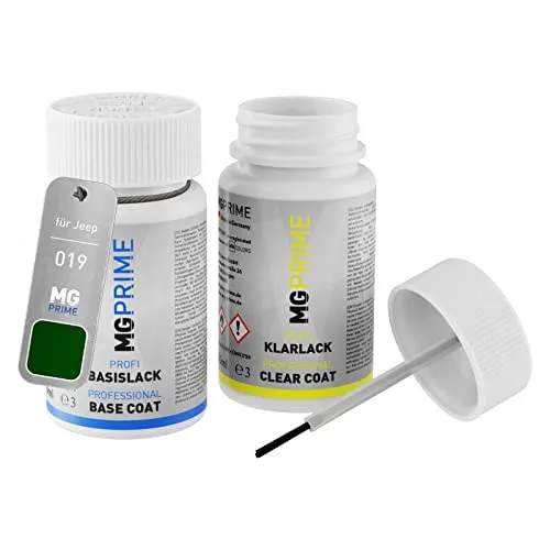 MG PRIME Autolack Lackstift Set für Jeep 019 Techno Green Metallic Basislack Klarlack je 50ml