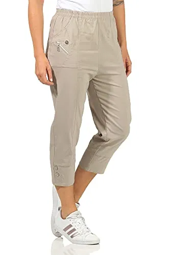 Kurze Hosen Damen Sommerhosen Bermuda 7/8 Schlupfhose leichte Stoffhose angenehme Caprihose mit Taschen (42-44, Natur)
