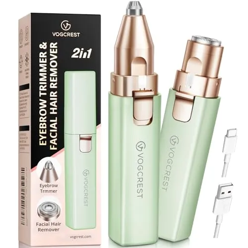 VOGCREST Haarschneider, 2-in-1 Gesichtshaarentferner und Augenbrauentrimmer für Frauen - wiederaufladbar, tragbar, mit LED-Licht