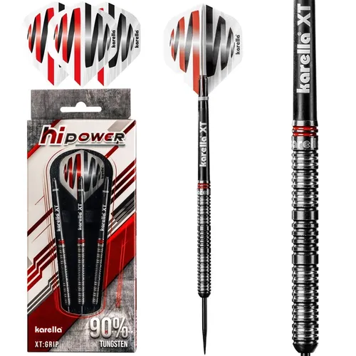 Karella HiPower 90% Tungsten Steeldart 22g - Profi-Dartpfeile für optimale Präzision - Steel-Dartpfeile 90% Tungsten mit PVD-Beschichtung für besten Grip und Wurfgefühl. Ideal für klassische Dartscheiben, inklusive Karella XT-Shafts und Profi Flights.