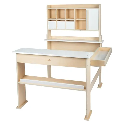 Small Foot Kaufladen natur/weiß beige - Spielmöbel für Kinder ab 3 Jahren, aus hochwertigem Holz mit 1 Schiebetür, 3 Schubladen und einem charmanten Verkaufsstand für kreatives Rollenspiel.