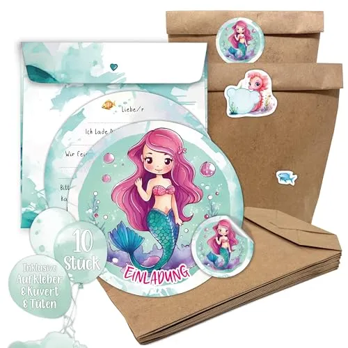 TOBJA 10x Einladungskarten Geburtstag & Mitgebseltüten Meerjungfrau | Kraftpapiertüten, Aufkleber, Karten, Umschläge Set für den Kindergeburtstag | Geburtstag für Mädchen (Meerjungfrau mit Tüten)