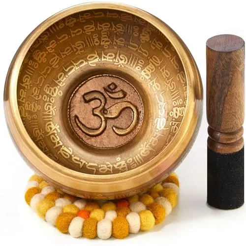 aumondo Percussion-Set Große Tibetische Klangschale 800g - Klangschalen Set für Yoga und Meditation, inklusive handgefertigtem Zubehör und Geschenkbox. Erzeugt beruhigende Klänge für Entspannung und Heilung.