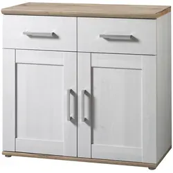 Xora Kommode in Weiß mit Lärche-Optik - Moderne Kommode mit 2 Fächern und 2 Schubladen, ideal für stilvolle Aufbewahrung im Wohnzimmer. Made in EU, kombiniert puristische Eleganz mit natürlichem Charme.