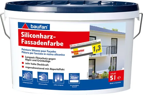 baufan® Fassadenfarbe Premium 5L - Außenfarbe mit Abperleffekt - Hochwertige 5L Fassadenfarbe mit Abperleffekt für langlebigen Schutz gegen Witterungseinflüsse. Ideal für mineralische Untergründe, einfach zu verarbeiten und in verschiedenen Farbtönen abtönbar.