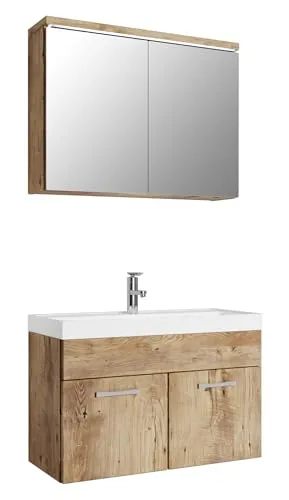 Badplaats B.V. Badezimmer Badmöbel Set Paso 02 80cm - Komplettprogramm für Badezimmer mit Waschbecken aus Kunstmarmor und inkl. Spiegelkasten mit LED-Beleuchtung für zusätzlichen Stauraum.