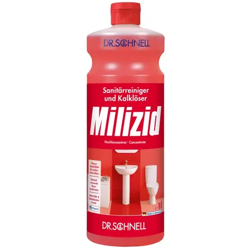 Dr. Schnell Milizid Badreiniger 1,0 l - Haushaltsreinigungsmittel mit schneller Wirkung, ideal zum Entfernen von Kalk und Schmutz in Bad und Küche, hinterlässt hochglänzende Oberflächen ohne Nachledern.