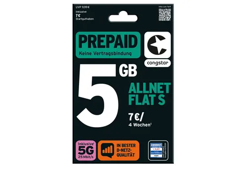 Congstar Prepaid Allnet S Prepaidkarte - Flexible Nutzung mit 5 GB Datenvolumen, ideal für Viel-Surfer. Schnelle und einfache Aktivierung für grenzenlosen Telefon- und Internetspaß.