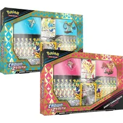 Pokemon Crown Zenith Schillerndes Zacian oder Schillerndes Zamazenta Premium-Figuren Kollektion EN - Sammelkarten-Kollektion mit legendären Pokémon Zacian und Zamazenta, inklusive 1 holografischer Karte eines Shiny Pokémon-V und 11 Boosterpacks für spannende Spielerlebnisse!