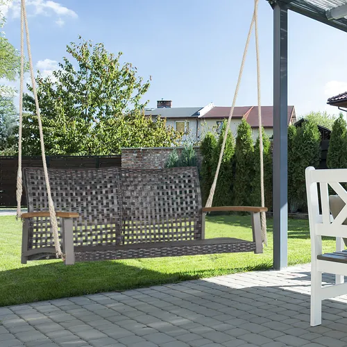 COSTWAY Schaukelbank 2-Sitzer - Robuste Hollywoodschaukel aus PE-Rattan mit Akazienholz-Armlehnen - Hollywoodschaukel für Terrasse & Garten, bis zu 360 kg belastbar, wasser- und verschleißfest, ideal für entspannte Stunden zu zweit.