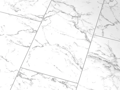 Glanzlaminat Jangal 2921 - Hochglanz Carrara Marmor Fliese (810x400) - Laminatboden in Steinoptik, 8mm stark, pflegeleicht und ideal für Allergiker. Perfekt für Wohnräume und einfach zu verlegen dank Easy-Click System.