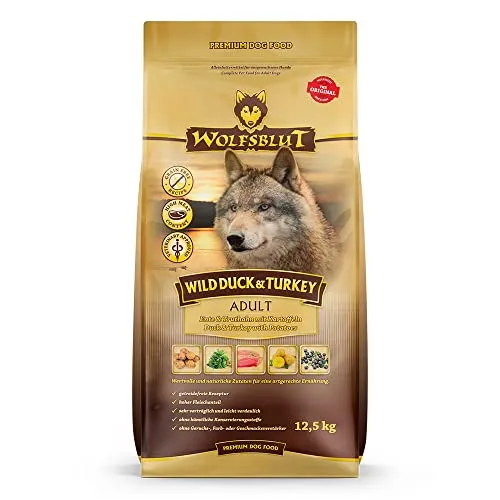 WOLFSBLUT – Wild Duck & Turkey Adult | Trockenfutter mit natürlichen Zutaten und Superfoods für ausgewachsene Hunde. Getreidefreies Alleinfutter ohne Zusatzstoffe im Beutel | 12,5kg Ente & Truthahn