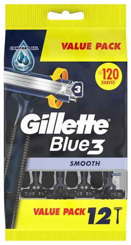 Gillette Blue 3 Smooth 12er - Einwegrasierer - Rasierer Herren mit 3 chrombeschichteten Klingen und 40°-Schwenkkopf für eine perfekte Anpassung an Gesichtskonturen. Der Gleitstreifen mit ComfortGel-Technologie sorgt für einen sanften und angenehmen Rasurkomfort.