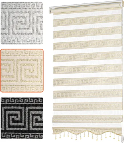 Doppelrollo Klemmfix Duo-Rollo ohne Bohren Mäander Design Ornamente Orientalisch Damask Griechisches Wellen-Muster Weiß Gold 50 x 200 cm (Stoffbreite 46cm)