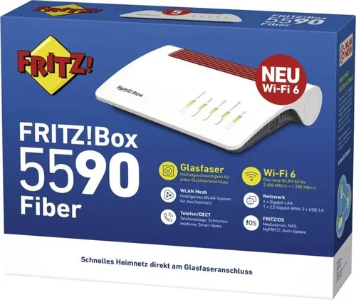AVM FRITZ!Box 5590 Fiber - Wi-Fi 6 Glasfasermodem mit 4.800 MBit/s, optimales Heimnetzwerk mit Mesh-Funktion und integrierter DECT-Basis für flexible Telefonie
