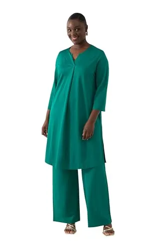 Ulla Popken Damen Plus Size Slinky-Longshirt - Elegante Tunika in grünblau - Blusen & Tuniken für Damen, eleganter Piqué mit Tunika-Ausschnitt und dekorativer Falte, bietet hohen Tragekomfort durch lange Seitenschlitze und 3/4 Ärmel.
