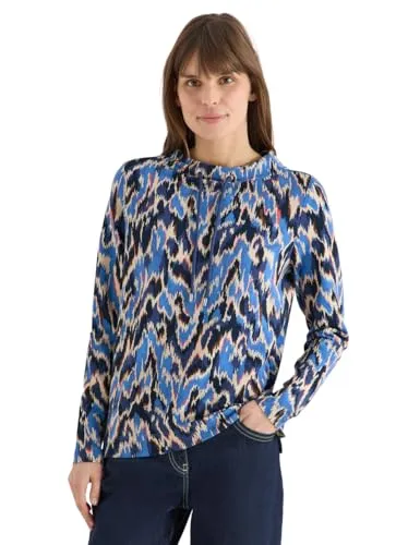 Cecil Gemustertes Shirt Cloud Blue M - Stylisches Damenshirt mit Funnel Neck und langen Ärmeln, ideal für den Casual Look. Perfekte Passform mit einer Brustweite von 55 cm und einer vorderen Länge von 64 cm.
