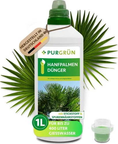 Purgrün Hanfpalmen Dünger NPK 10+4+6, 1L - Dünger für Hanfpalmen – Sorgt für kräftigen Wuchs und sattgrüne Blätter durch hohe Nährstoffverfügbarkeit und spezielle Chelatform für schnelle Aufnahme.
