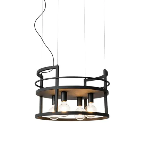 QAZQA - Industrie I Vintage I Industrie I Vintage I Hängelampe I Pendellampe I Pendelleuchte schwarz mit rundem 4-flammig-Licht-Rack - Cage Rack I Wohnzimmer I Schlafzimmer - Stahl Rund - LED geeignet