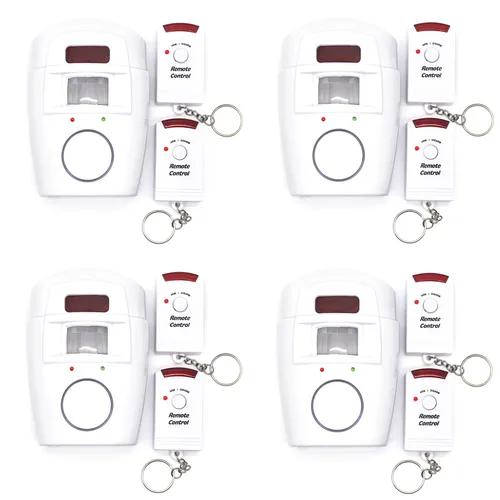 Set 4x Sensor Alarmanlage - Bewegungsmelder Sicherheitssystem - Alarmanlagen für effektiven Einbruchschutz, inkl. 4 Bewegungsmelder mit 105 dB Sirene und Fernbedienung für einfache Handhabung. Optimaler Schutz für Räume bis 10 m².