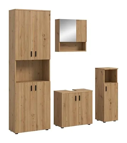 xonox.home 4 TLG. Badmöbel-Set Mone - Komplettprogramm für Badezimmer: Funktionales 4-tlg. Set in Artisan Oak Nachbildung, ideal für modernen Stauraum und pflegeleichtes Design.