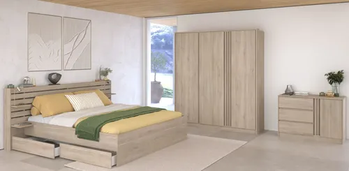 Parisot Schlafzimmer-Set Escale (4-tlg) - Modulares 4-teiliges Schlafzimmer-Set mit viel Stauraum und drehbaren Einsätzen an Schrank und Kommode in eleganter Eiche-Optik, ideal für stilvolle Schlafzimmer.