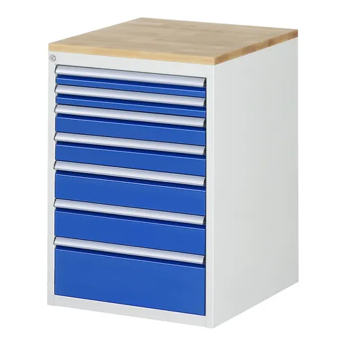 Rau Schubladenschrank Buche-Top mit 7 Schubladen - Robuster Schubladenschrank für gewerbliche Lagerung, ausgestattet mit langlebiger Buche-Massiv-Arbeitsplatte. Ideal für effiziente Organisation mit hoher Tragkraft und zentralem Schloss.