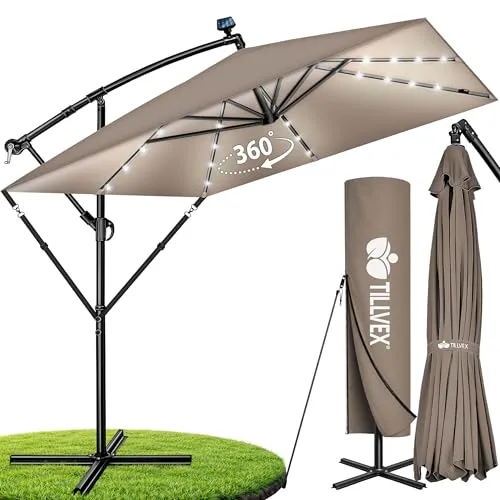 tillvex® Alu Sonnenschirm Rechteckig 330 cm mit Kurbel und Abdeckung - Großzügiger Schatten für Terrasse oder Garten: Der tillvex Ampelschirm 330 cm ist 360° drehbar, hat eine wasserdichte Abdeckung und eine praktische Hand-Kurbel für einfachen Auf- und Abbau. Ideal für jeden Sonnenstand!